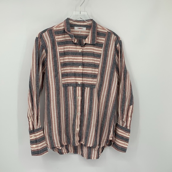 Frame bib linen button front striped blouse shirt top pink white black Small - Picture 2 of 5